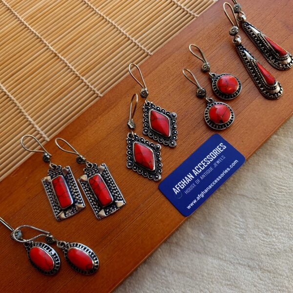 Antique Premium Carved German Silver Gemstone Earrings with Intricate Detailing