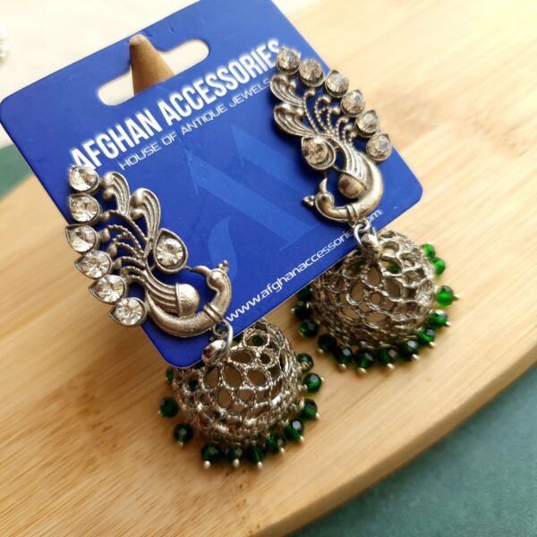Antique Oxidized Peacock Jhumka with Intricate Peacock Detailing
