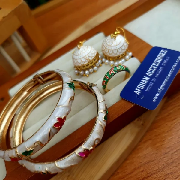 Antique meenakari bangle set with floral enamel work, jhumka earrings and matching ring