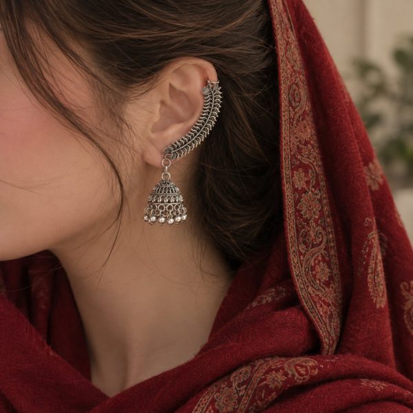 Antique oxidized peacock ear cuff with hanging silver beads and jhumka drop