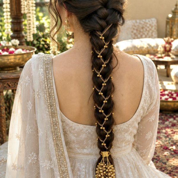 Antique golden bridal ghunghroo parandah with long ornamental flower tassels